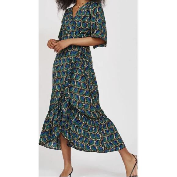 Silk Salt Journey Maxi Wrap Dress Women Medium Geometric Peacock Artsy Tribal - Picture 2 of 16